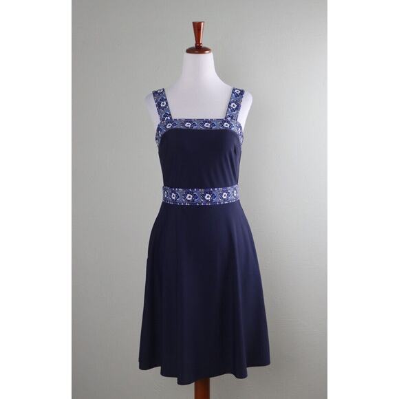 JUDE CONNALLY $168 Smooth Stretch Navy Floral Tile Trim Tank Dress Size XS - Picture 1 of 6